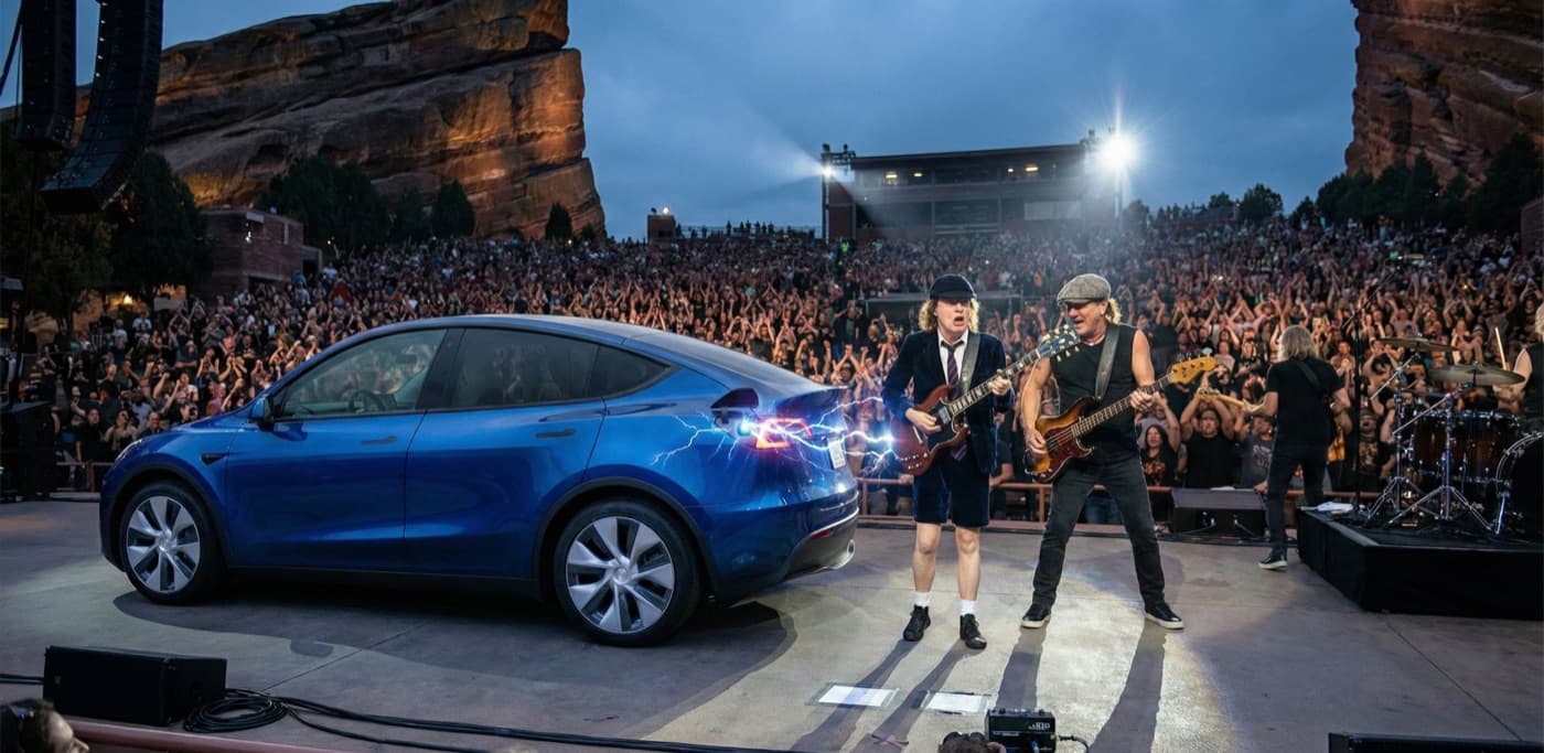 AC/DC band members appearing to charge an electric vehicle with lightning from their guitars on stage
