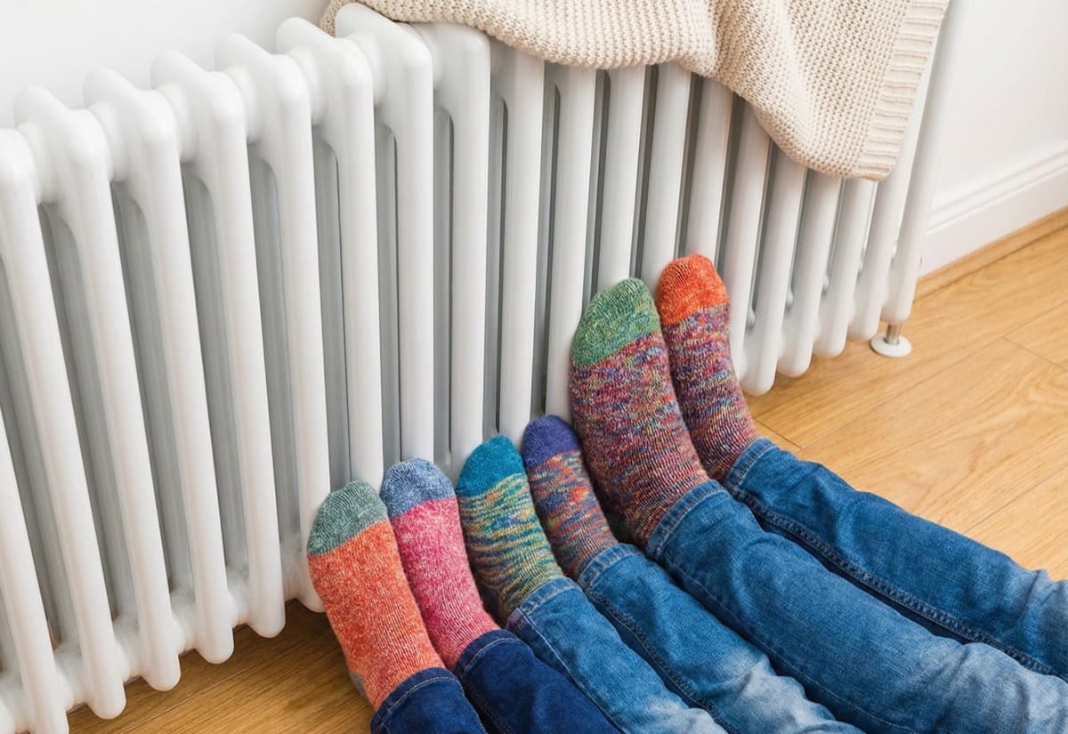 Family warming their feet by a heater in a cosy home